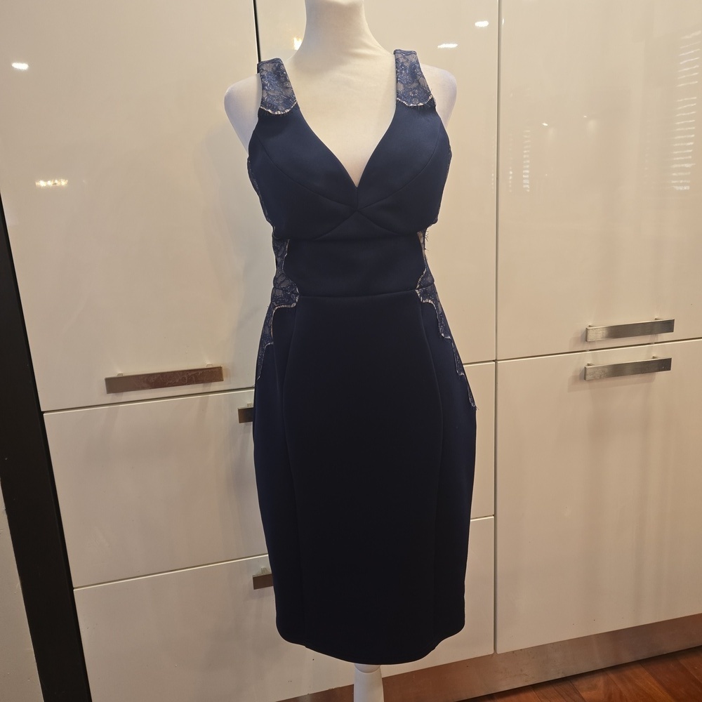 Lipsy London V Neck Lace Sleeveless Midi Cocktail Party Dress Blue Womens Size 8